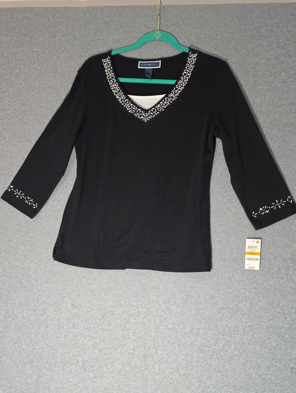 Karen Scott Black V-Neck Long Sleeve Top with Silver Embellishment Trim NWT